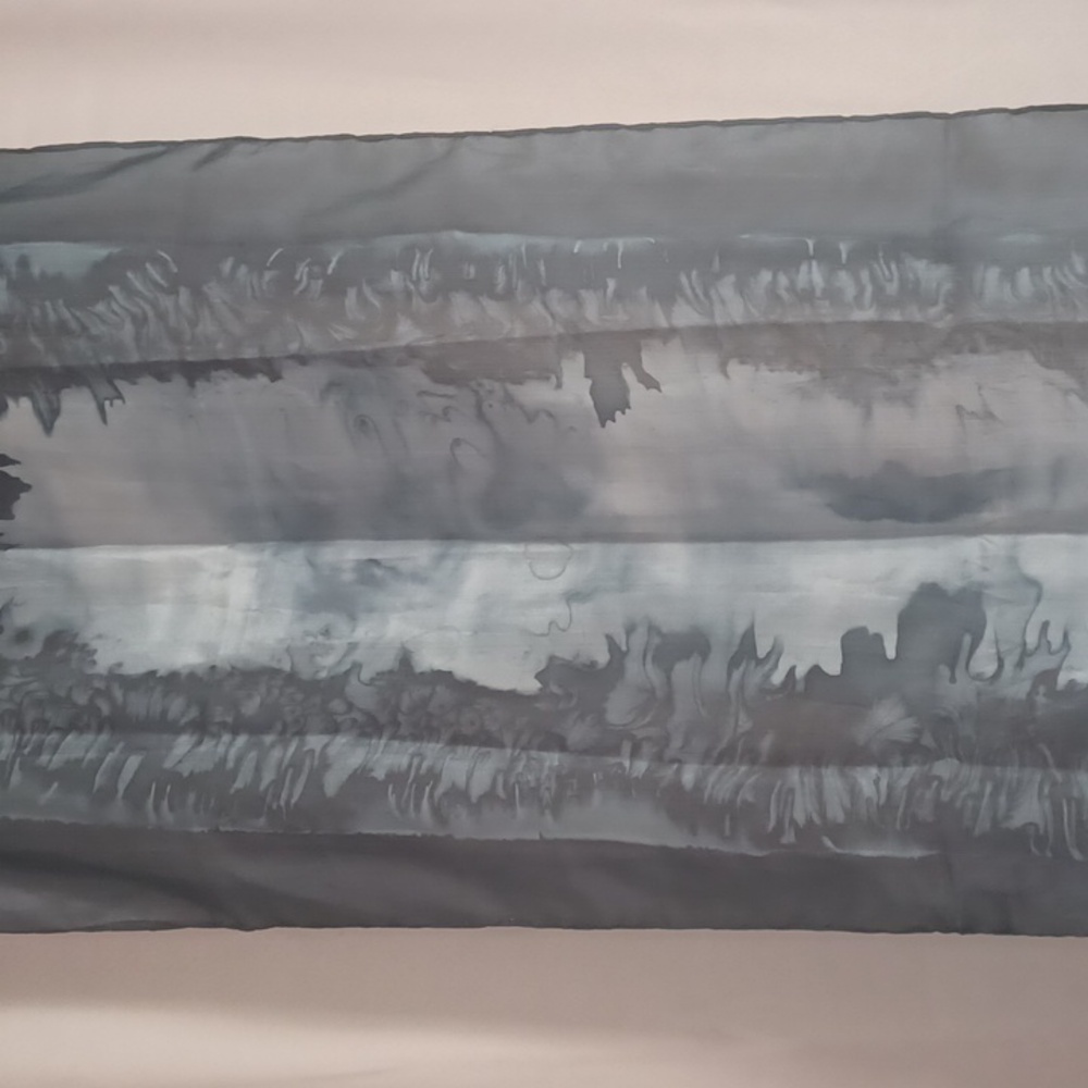 Trade Routes Silk Scarf Black Slate Blue Marble Tie Dye 16×53 - Picture 3 of 15